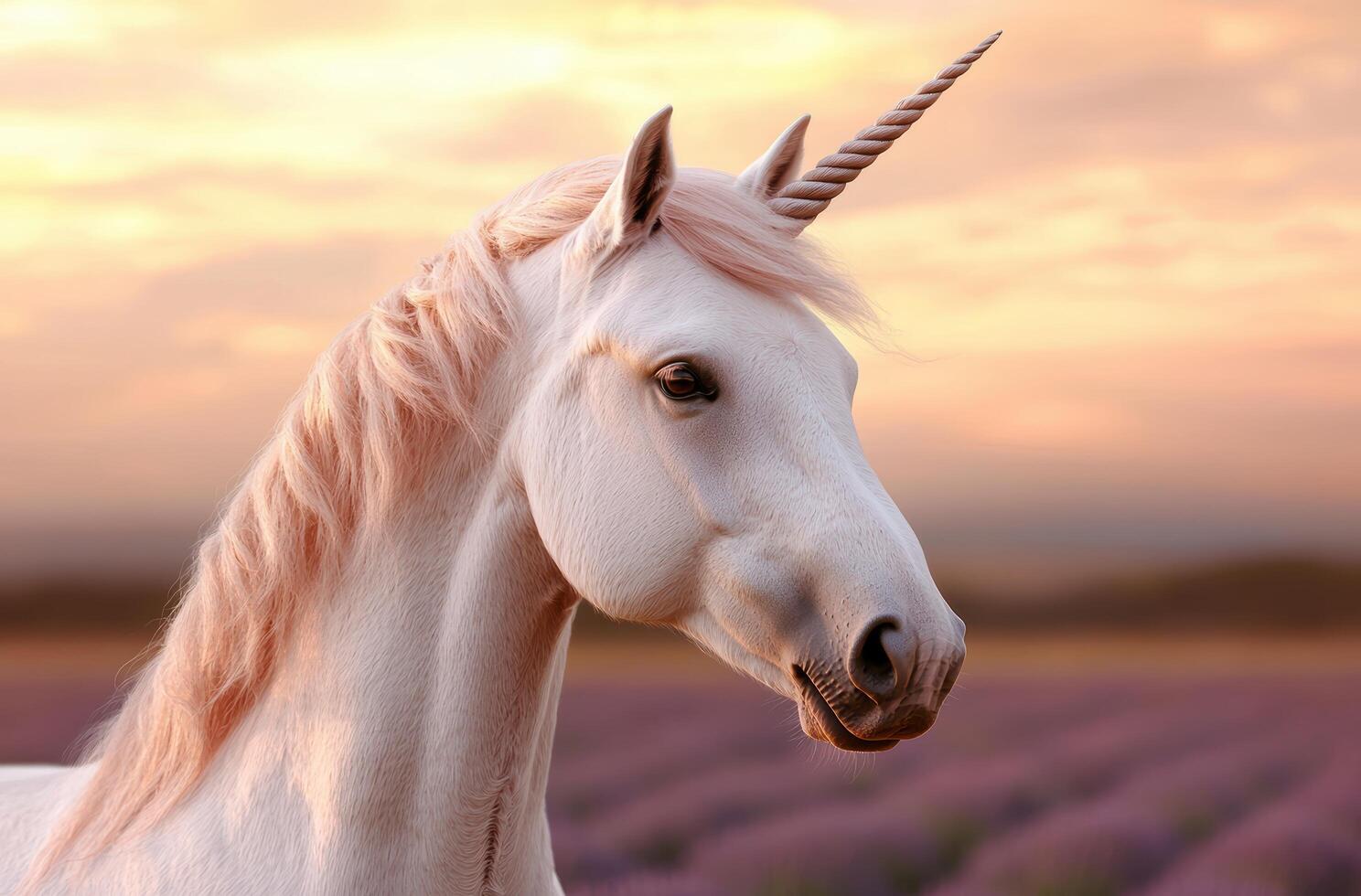 Majestic white unicorn at sunset photo