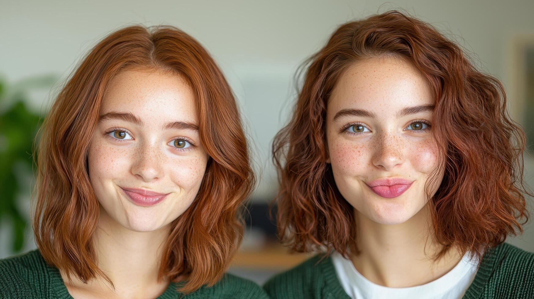 Smiling young women with curly red hair photo