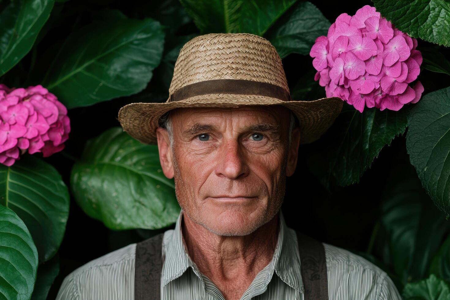 senior man in straw hat surrounded by pink hydrangea flowers photo