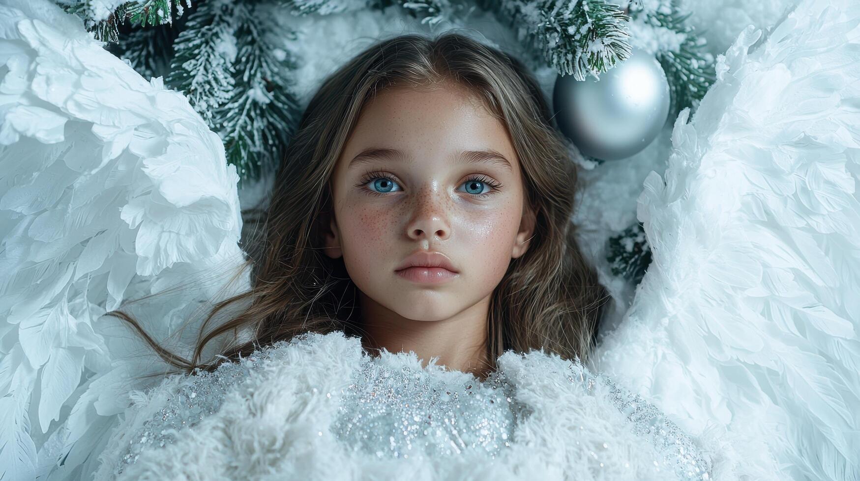 young girl with blue eyes in winter wonderland photo