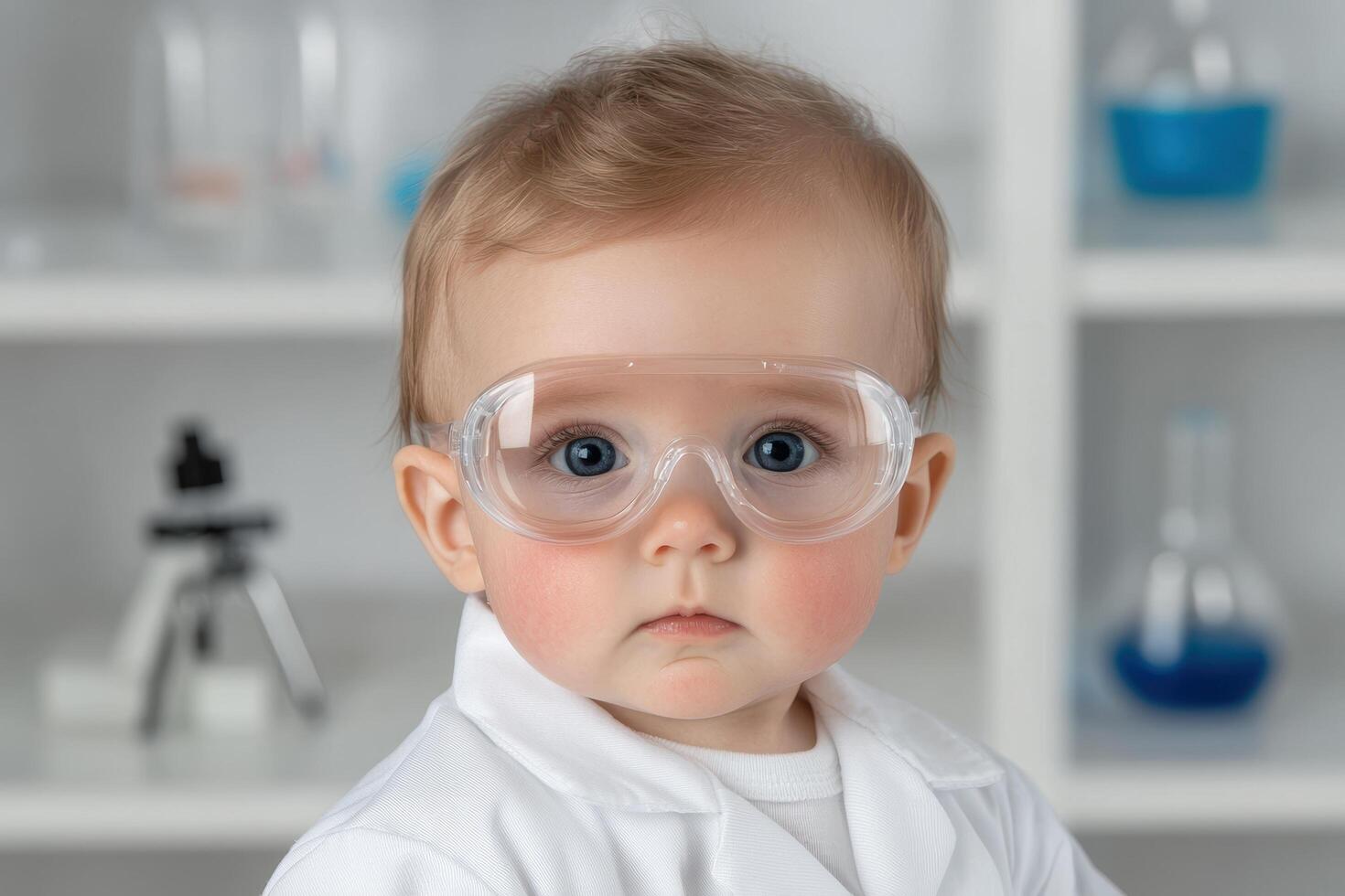 Curious baby wearing safety goggles in laboratory photo