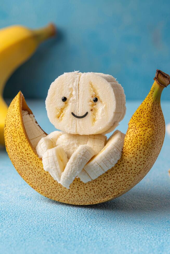 Smiling banana face made from sliced banana photo