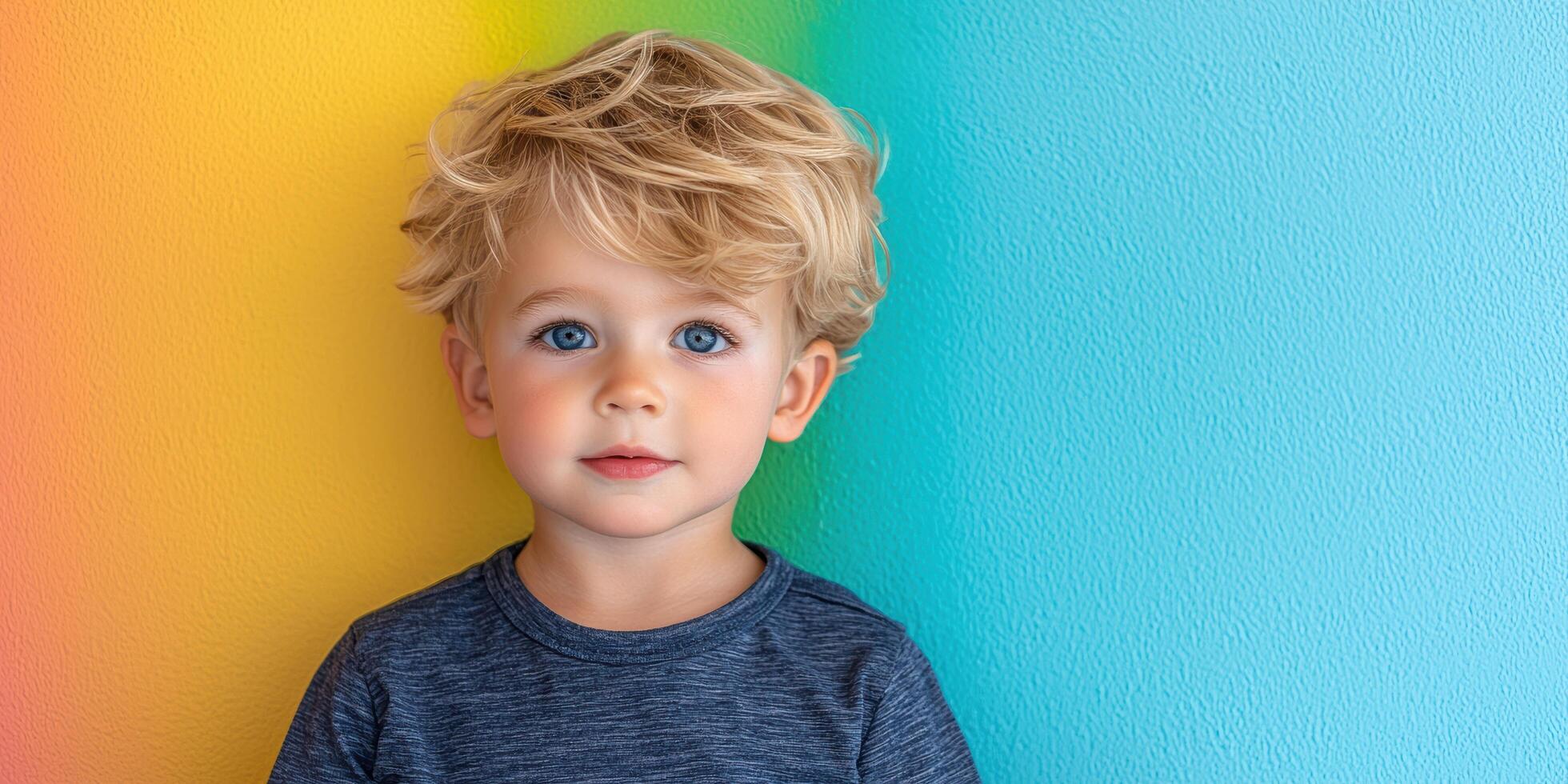 Adorable young boy with blond curly hair and blue eyes photo