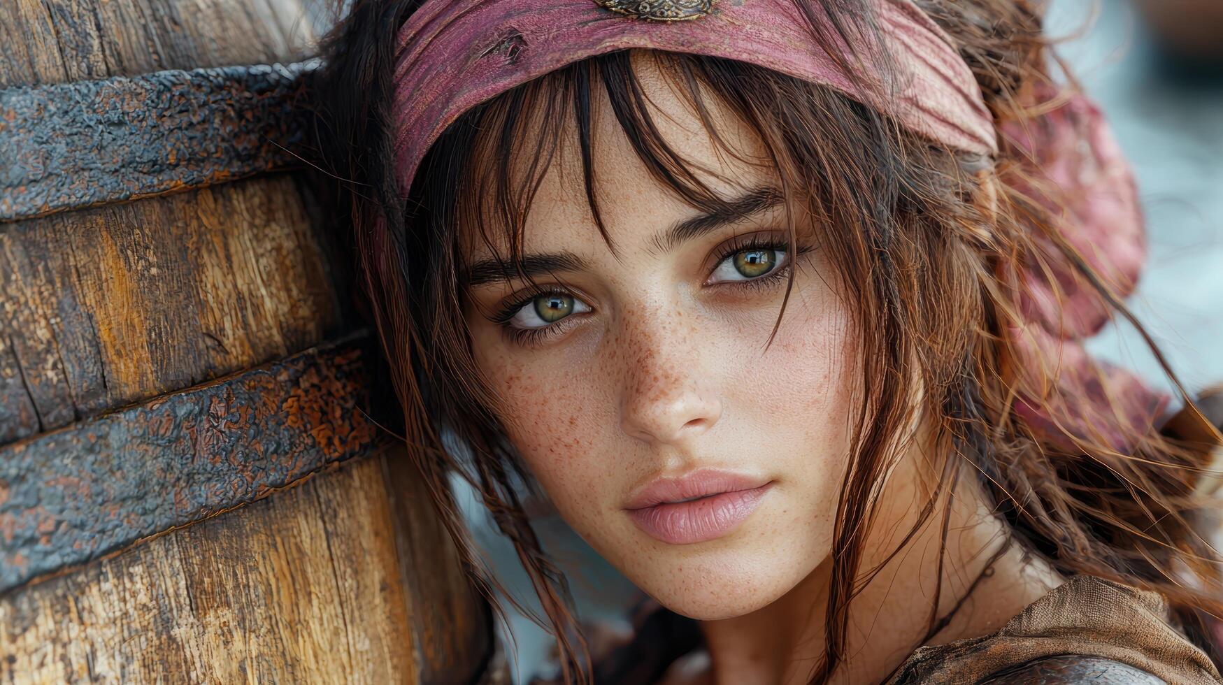 Mysterious gaze of a young woman with freckles photo