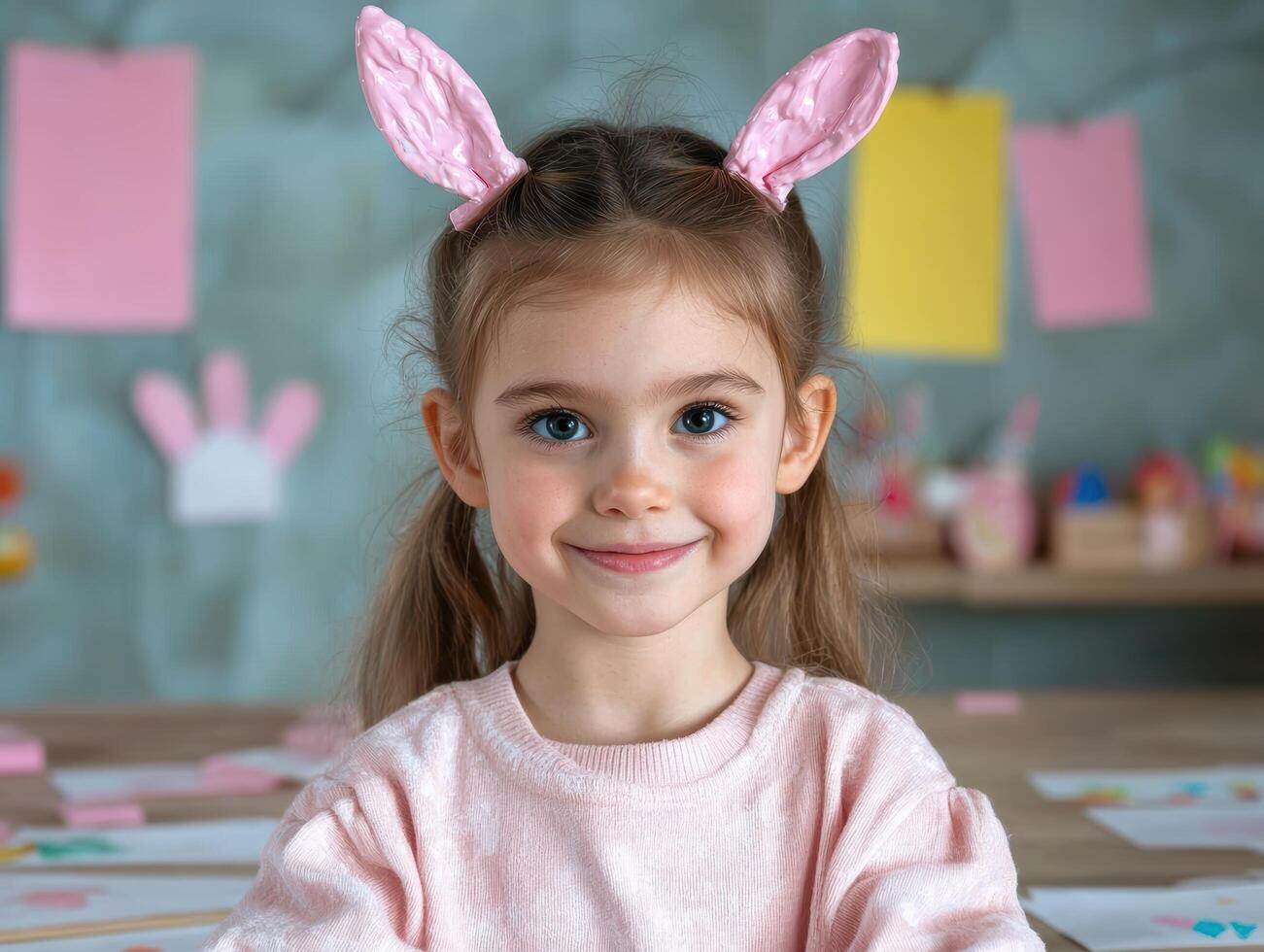 Smiling girl with bunny ears in colorful playroom photo