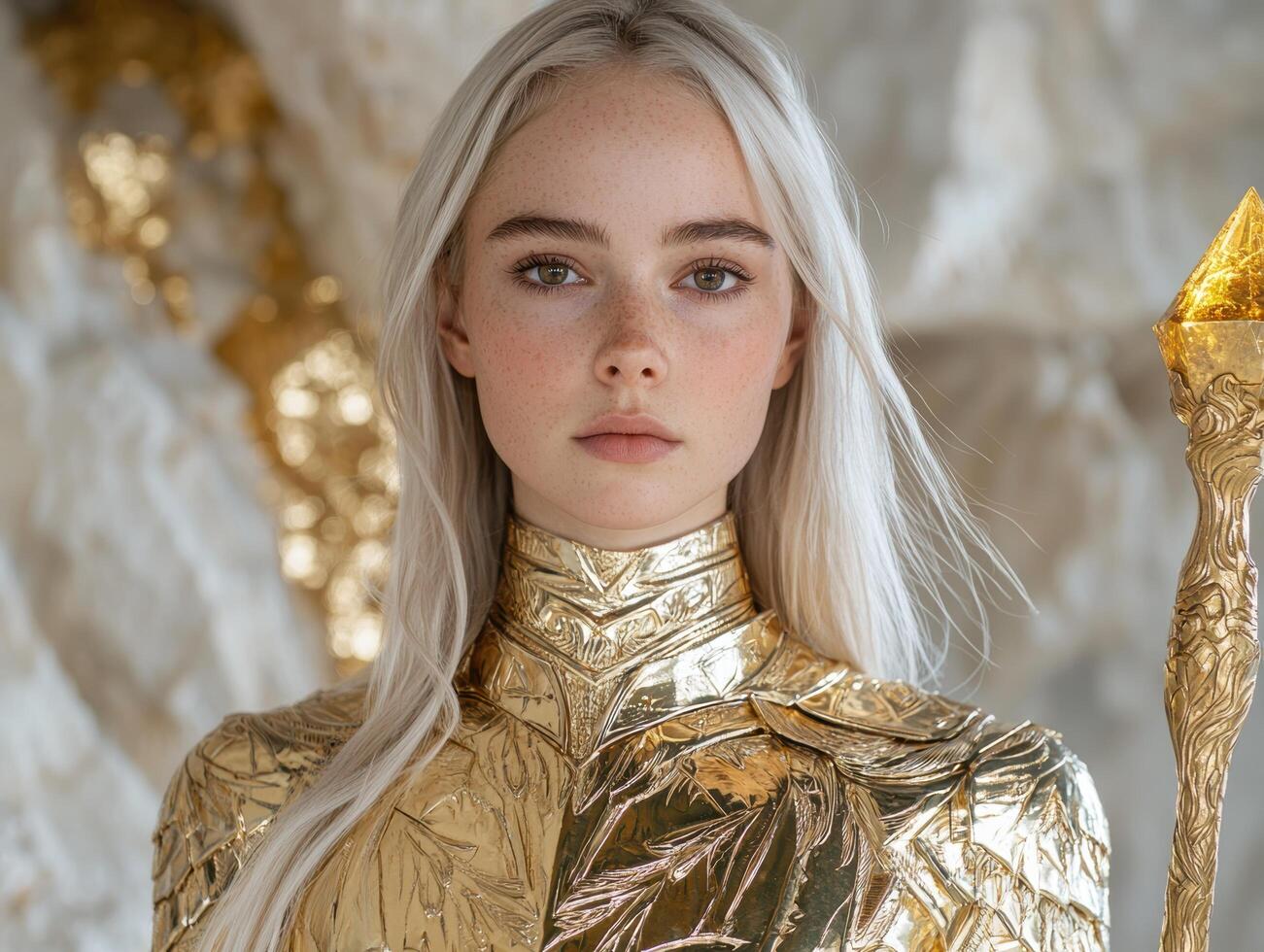 Mysterious blonde woman in golden armor photo
