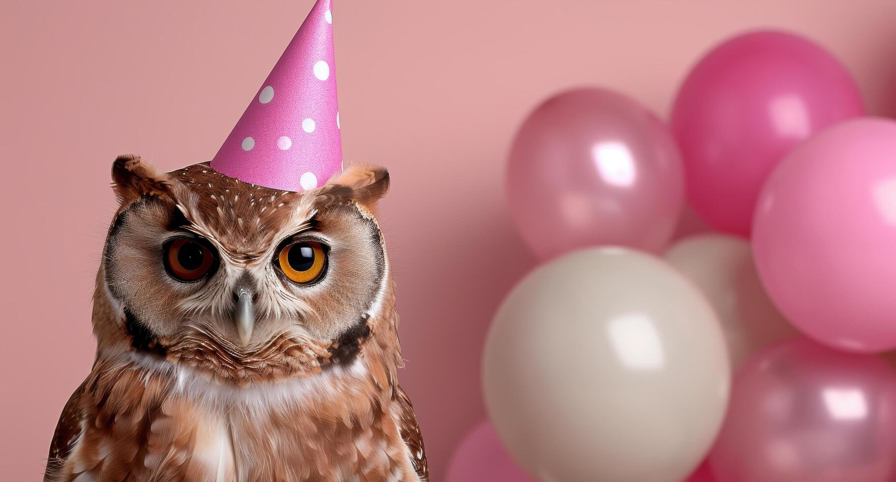 Cute owl wearing a party hat with balloons photo