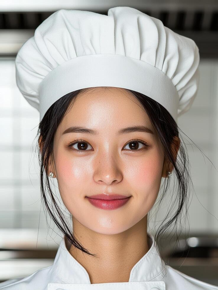 portrait of a smiling asian woman wearing a chefs hat photo