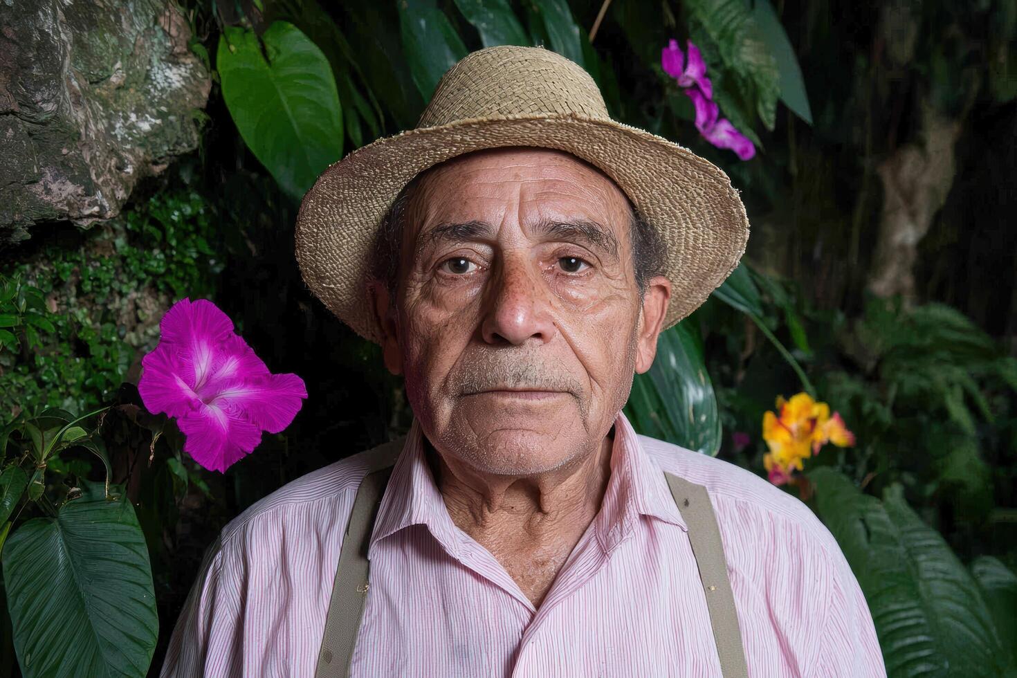 senior man in straw hat surrounded by tropical flowers photo
