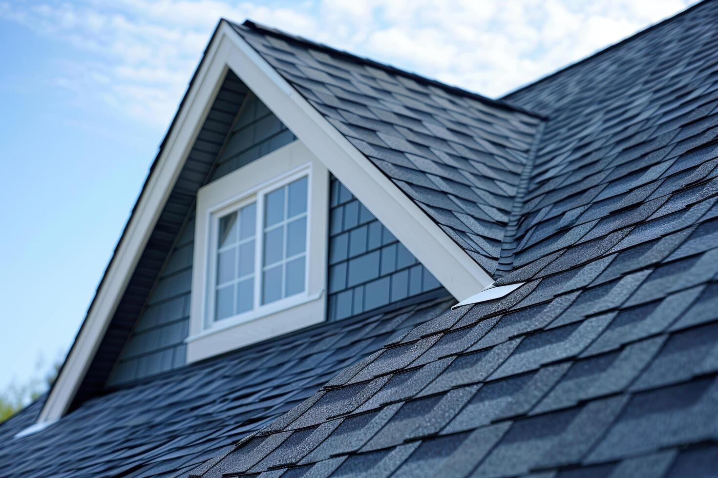 Detailed view of a modern house roof with black shingles and a dormer window photo