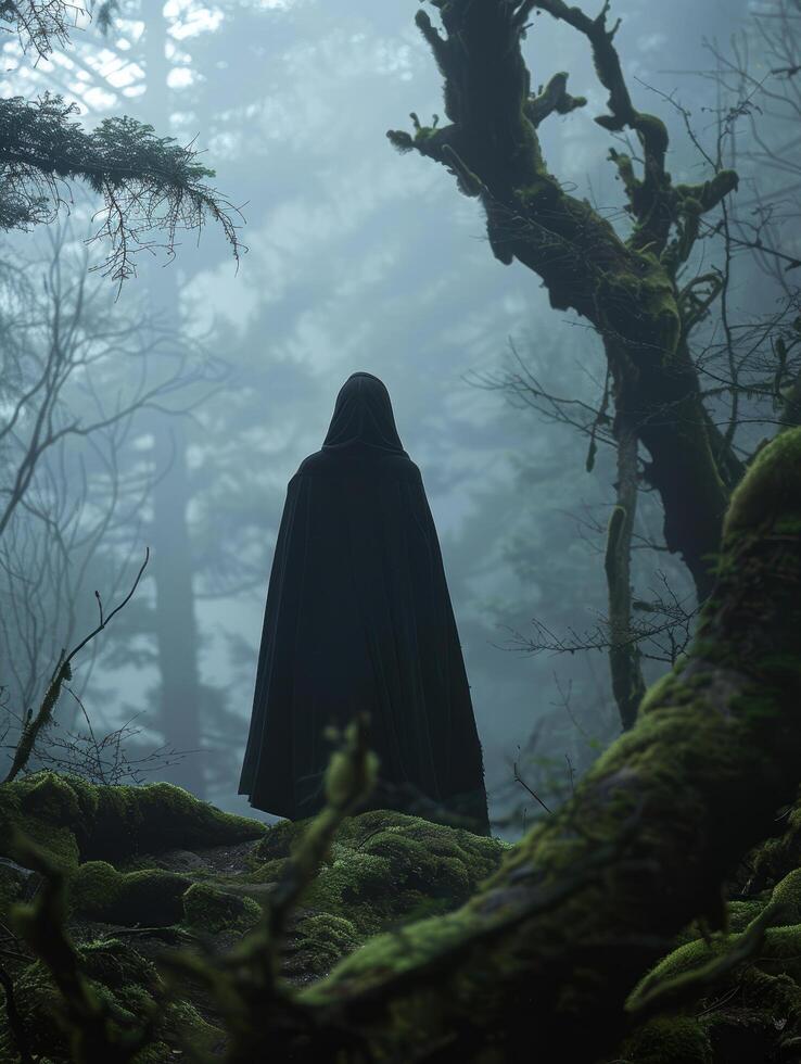 Mysterious figure in dark cloak standing in eerie forest photo