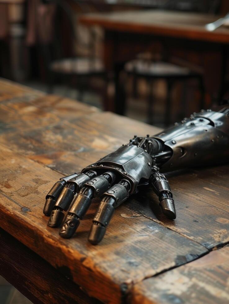 Futuristic robotic hand on wooden table photo