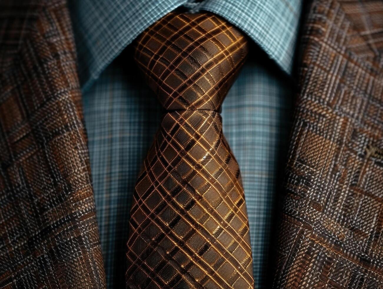 Close up of a patterned necktie against a textured suit jacket photo