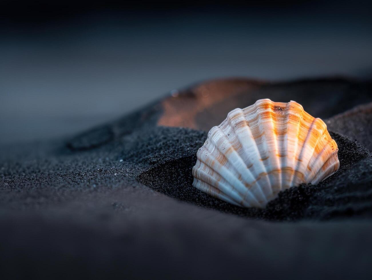 Seashell on dark sand beach photo