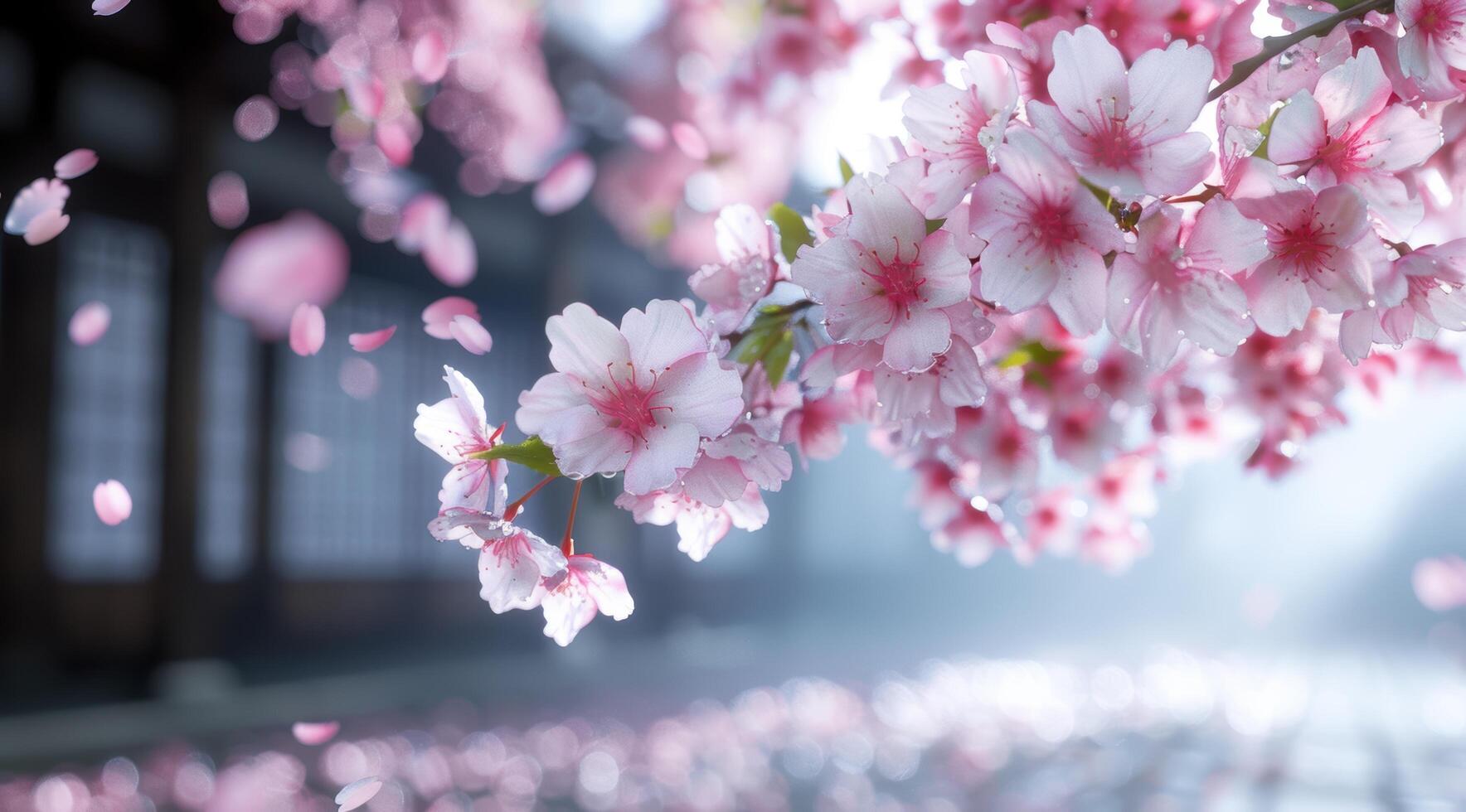 Blooming pink cherry blossom flowers in spring photo