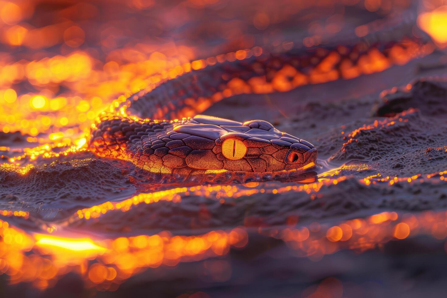 Fiery snake eye in the night photo