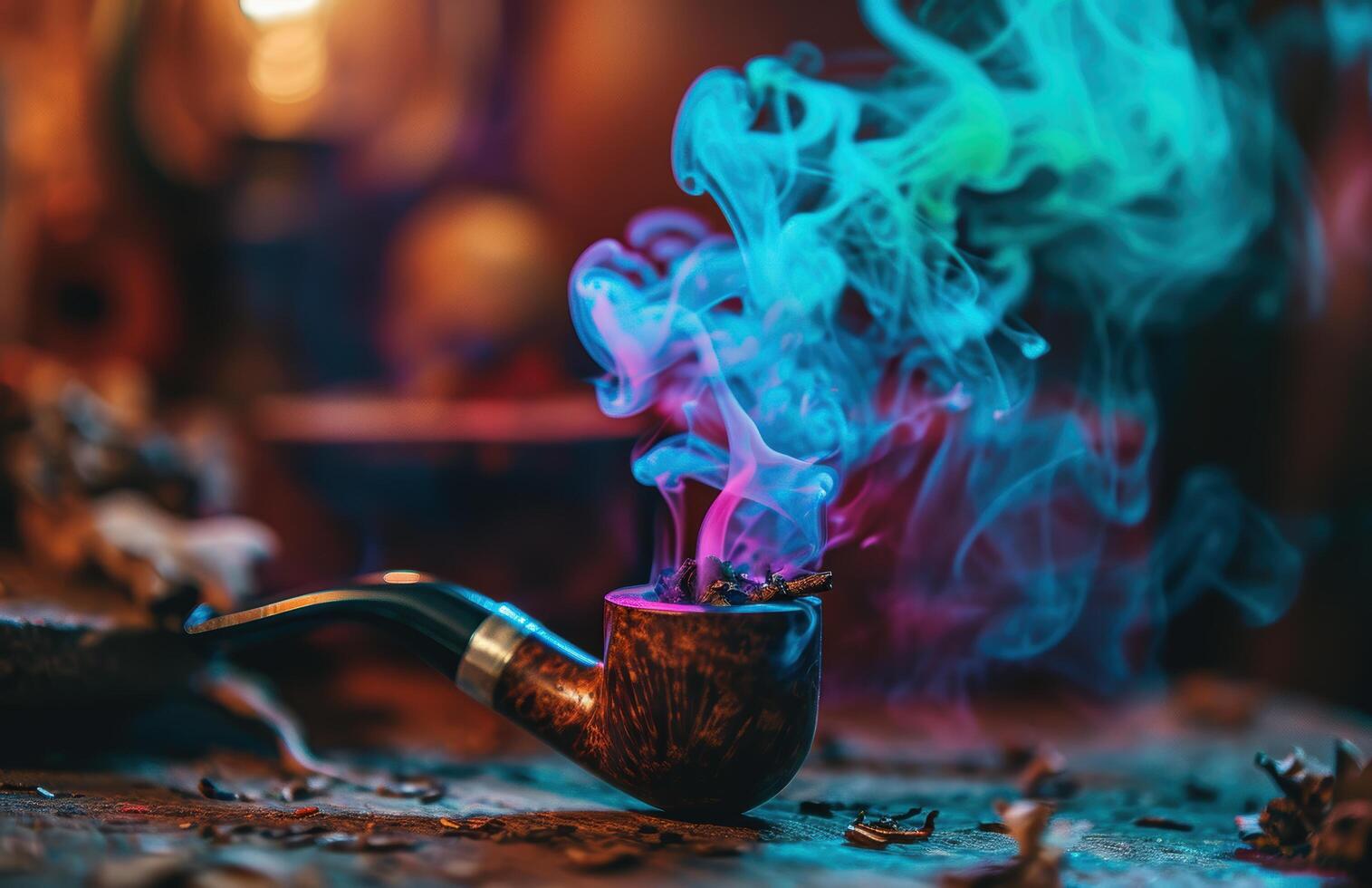 Colorful smoke rising from a wooden tobacco pipe photo