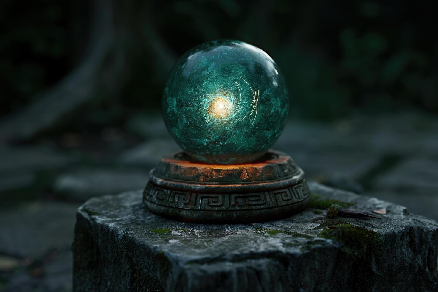 Mystical crystal ball on ancient stone pedestal photo