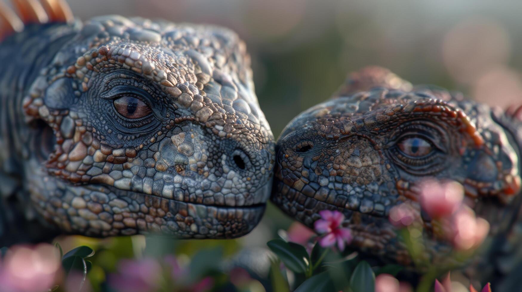 close up of two colorful iguana heads photo