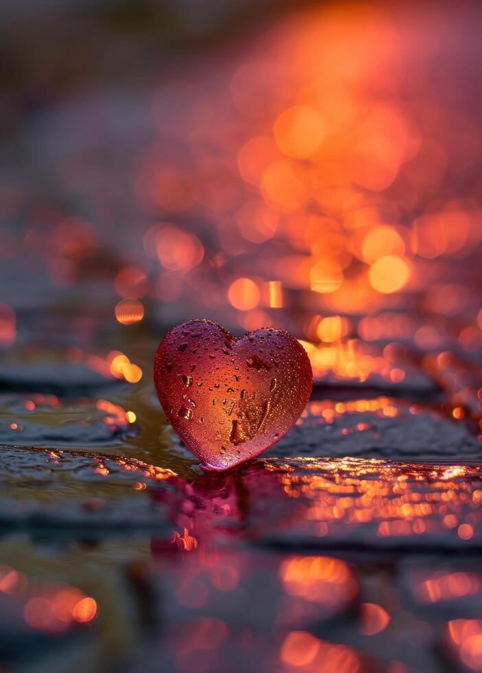 Glowing heart in water with bokeh lights photo