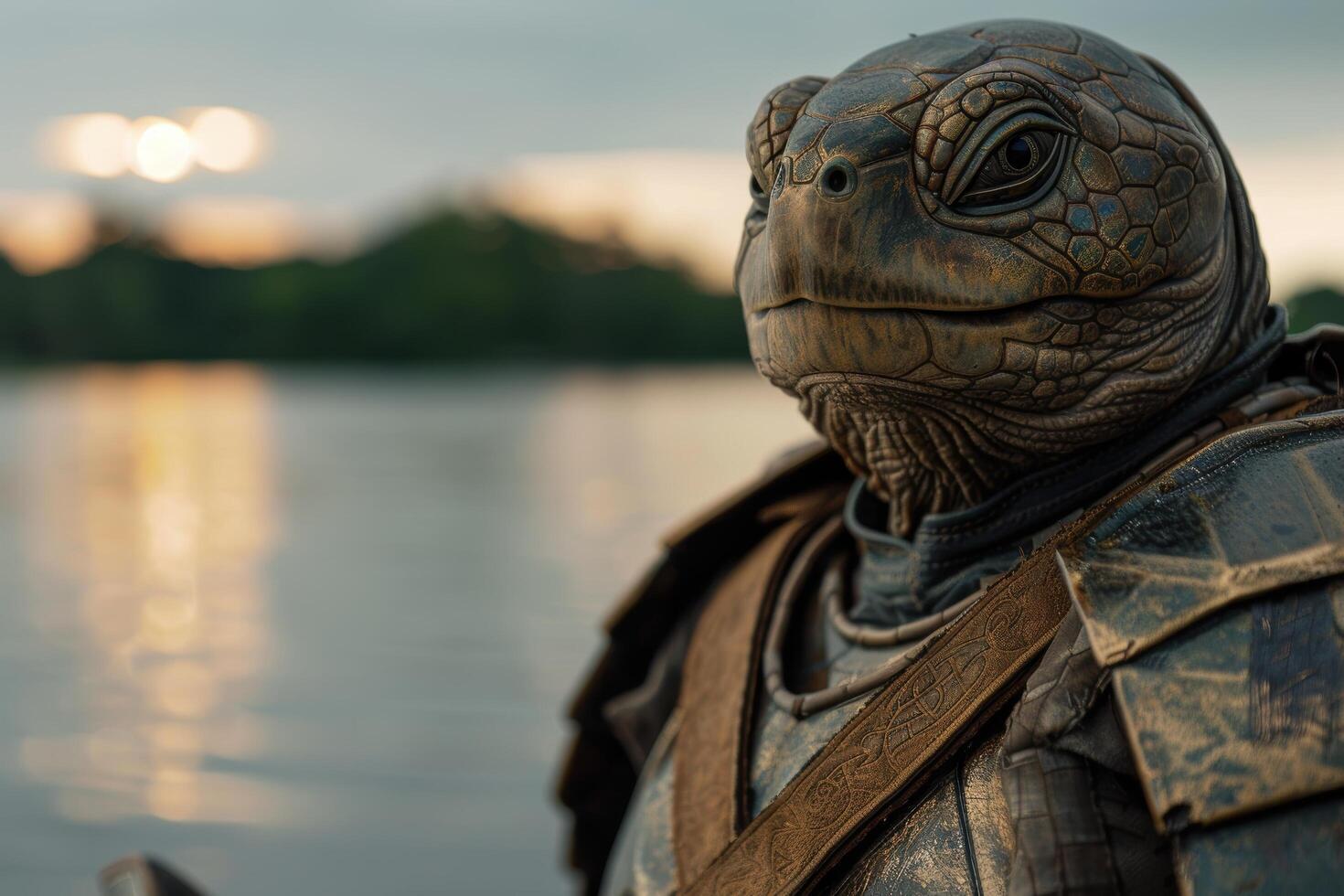 Close up of a fantasy reptilian creature in a scenic outdoor setting photo