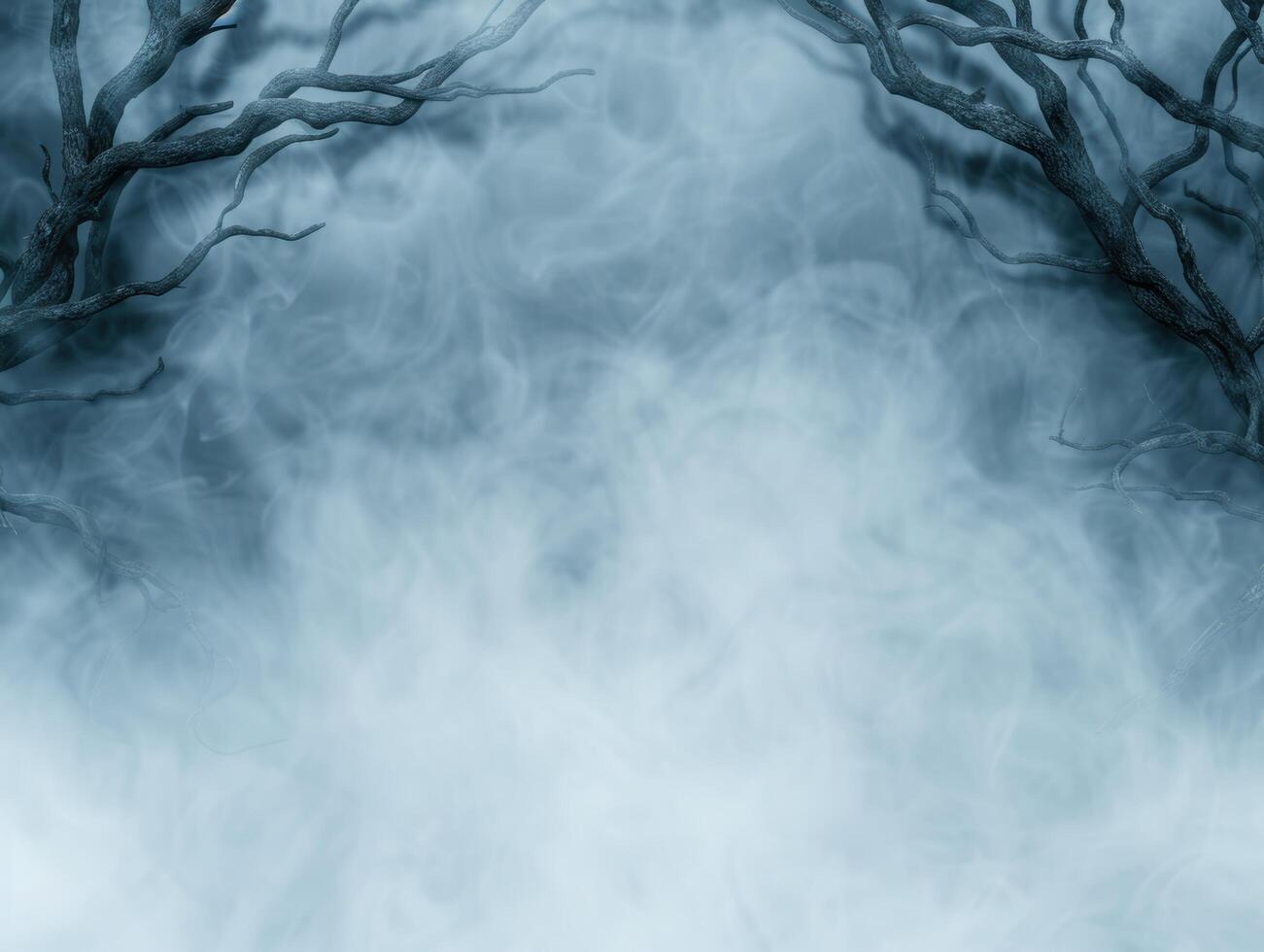 Mysterious forest scene with eerie fog and bare trees photo