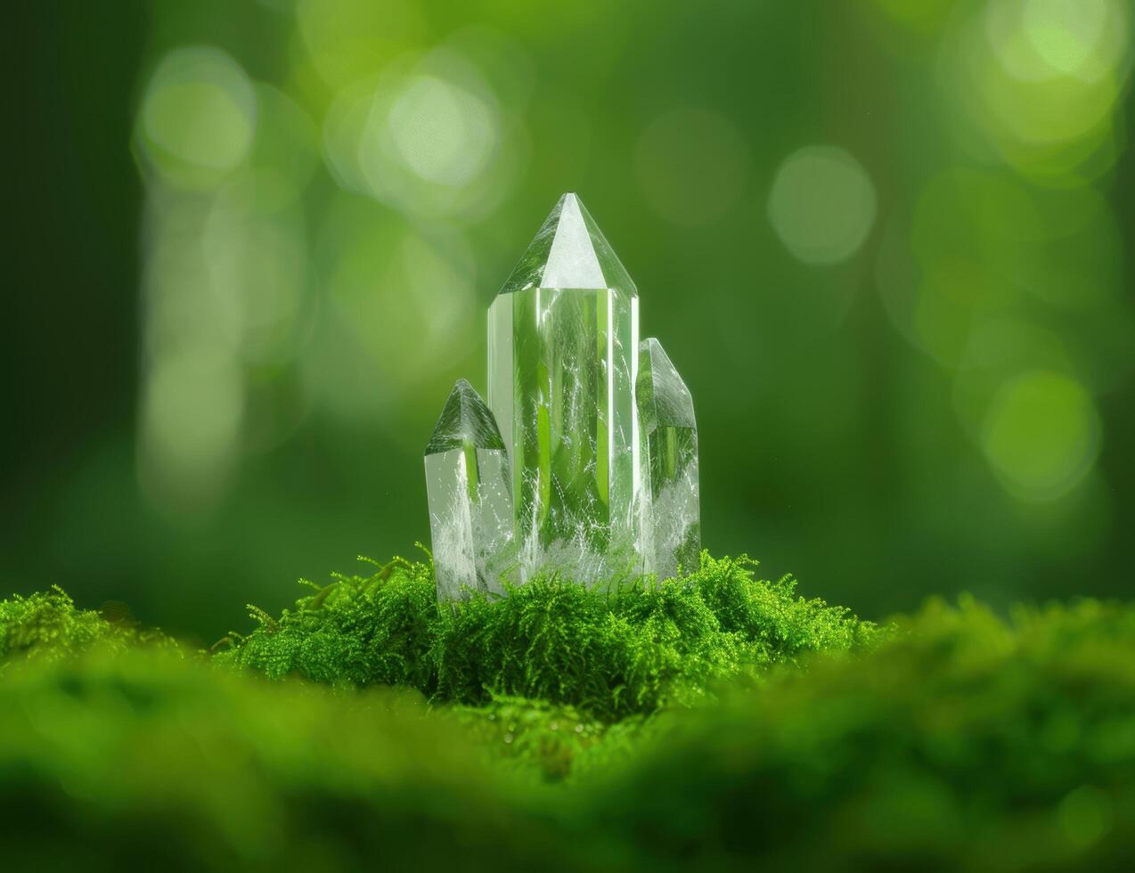Glowing crystal quartz in lush green moss photo