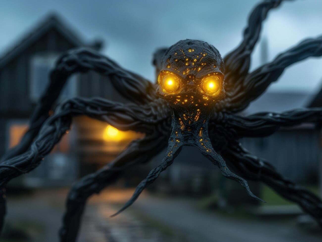 Creepy crawly creature with glowing eyes in the dark photo