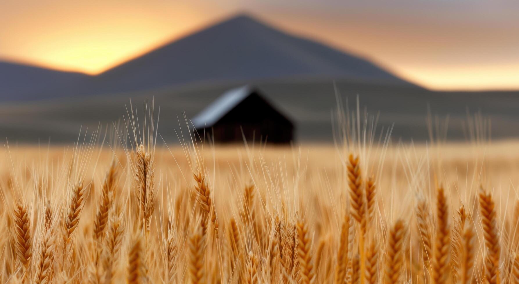 Wheat field with barn in the distance at sunset photo