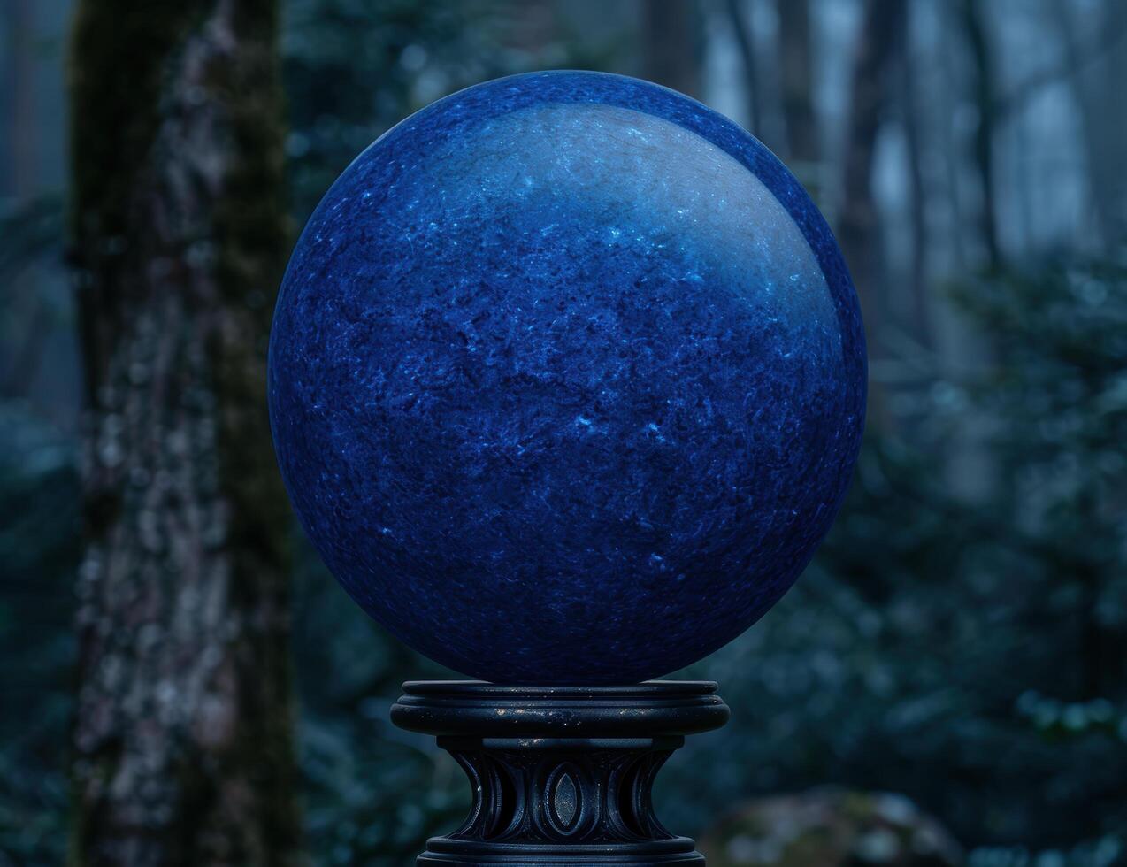 Mysterious blue crystal ball in snowy forest photo