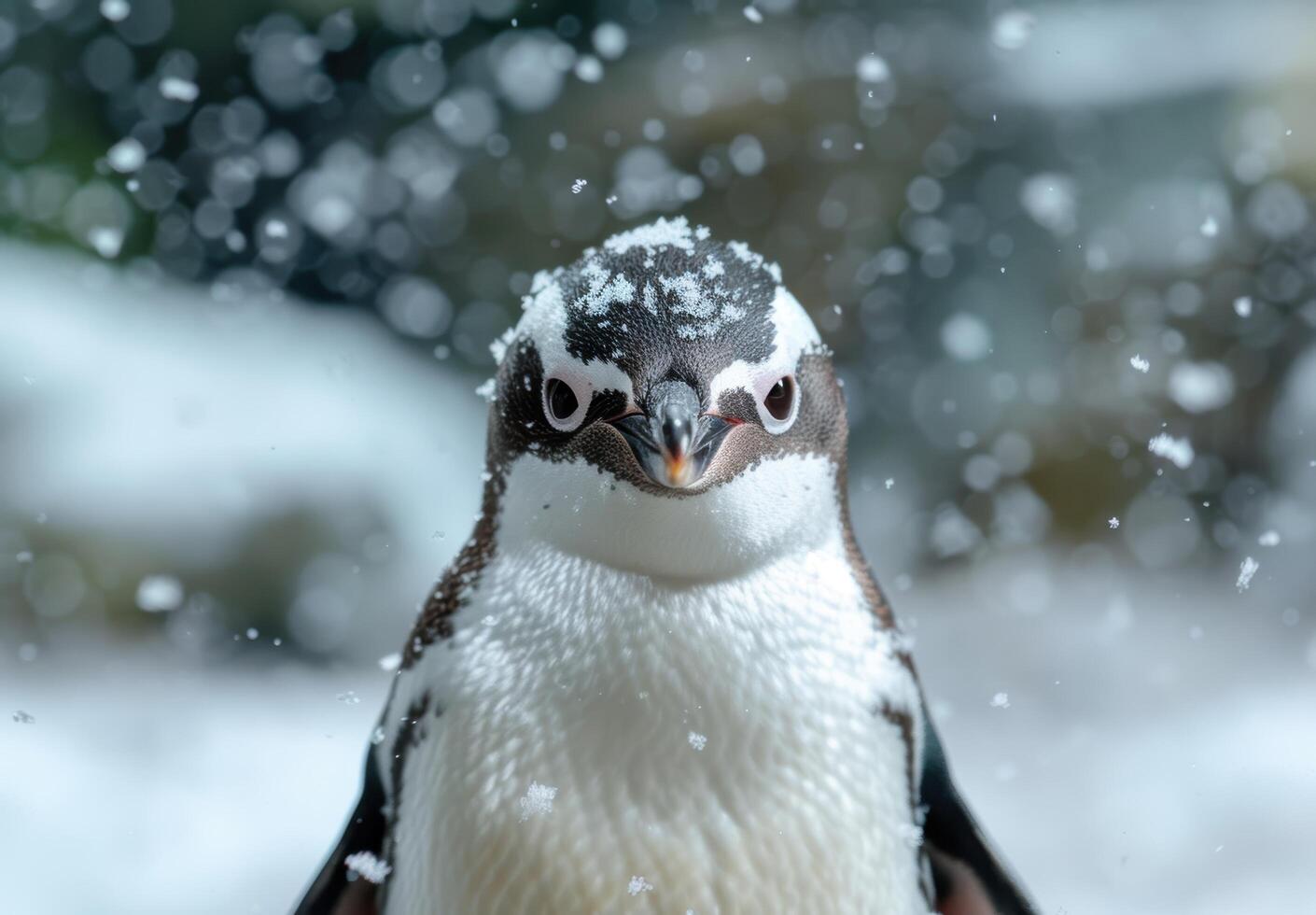 Adorable penguin in snowy winter landscape photo