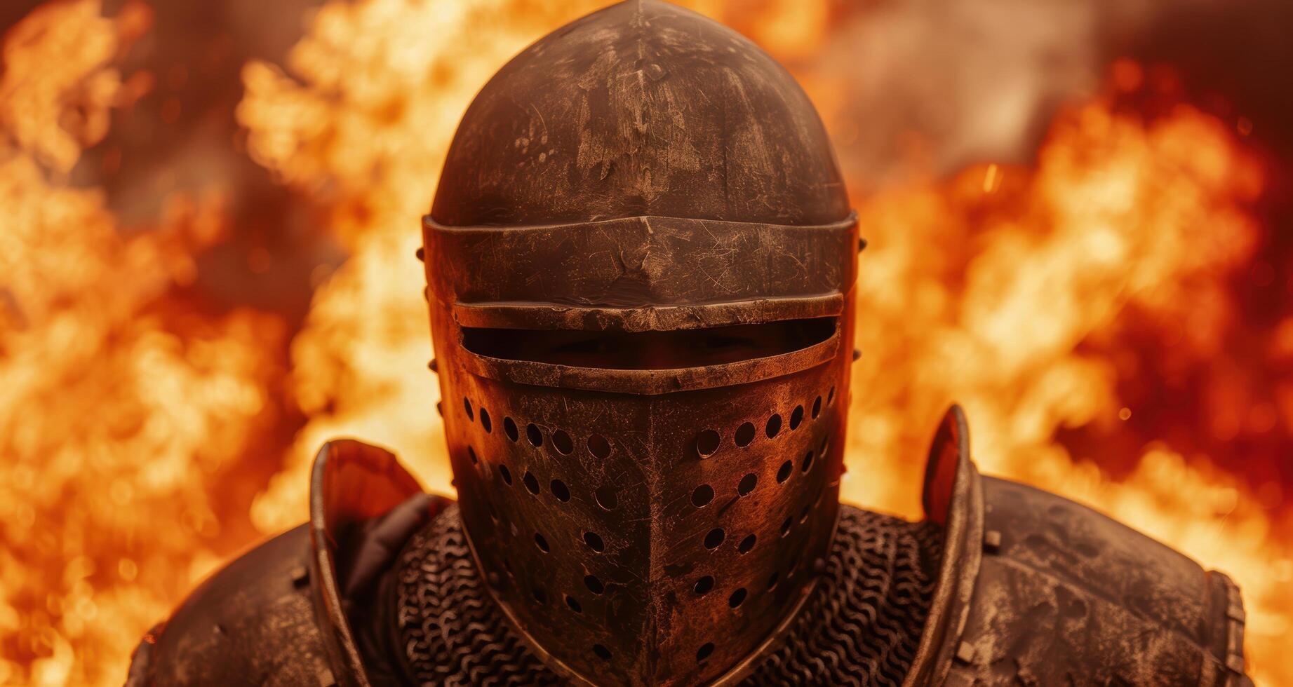 medieval knights helmet against fiery background photo