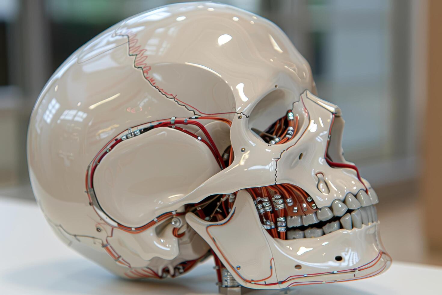 Detailed view of a futuristic robotic skull photo