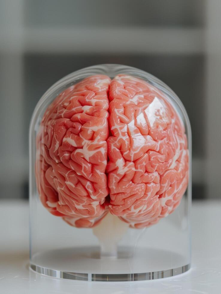 Close up of a human brain model in a glass display photo