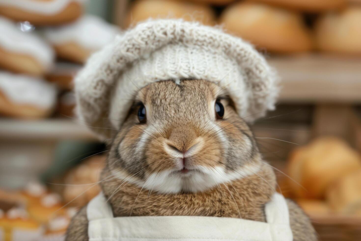 Adorable bunny in winter hat photo