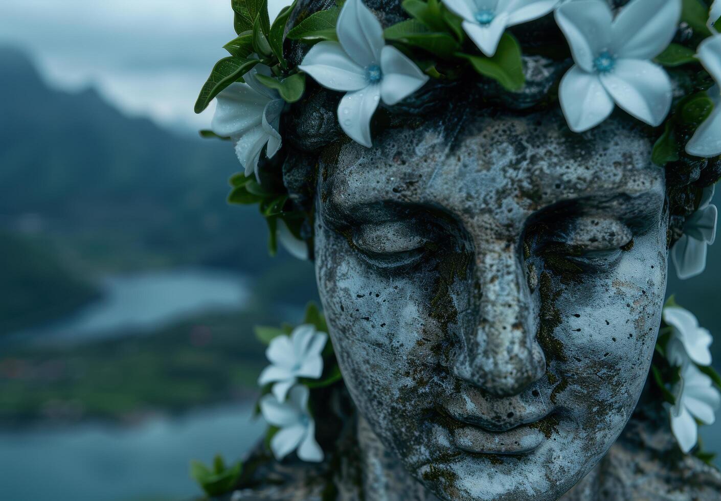 serene stone buddha statue with white flowers photo