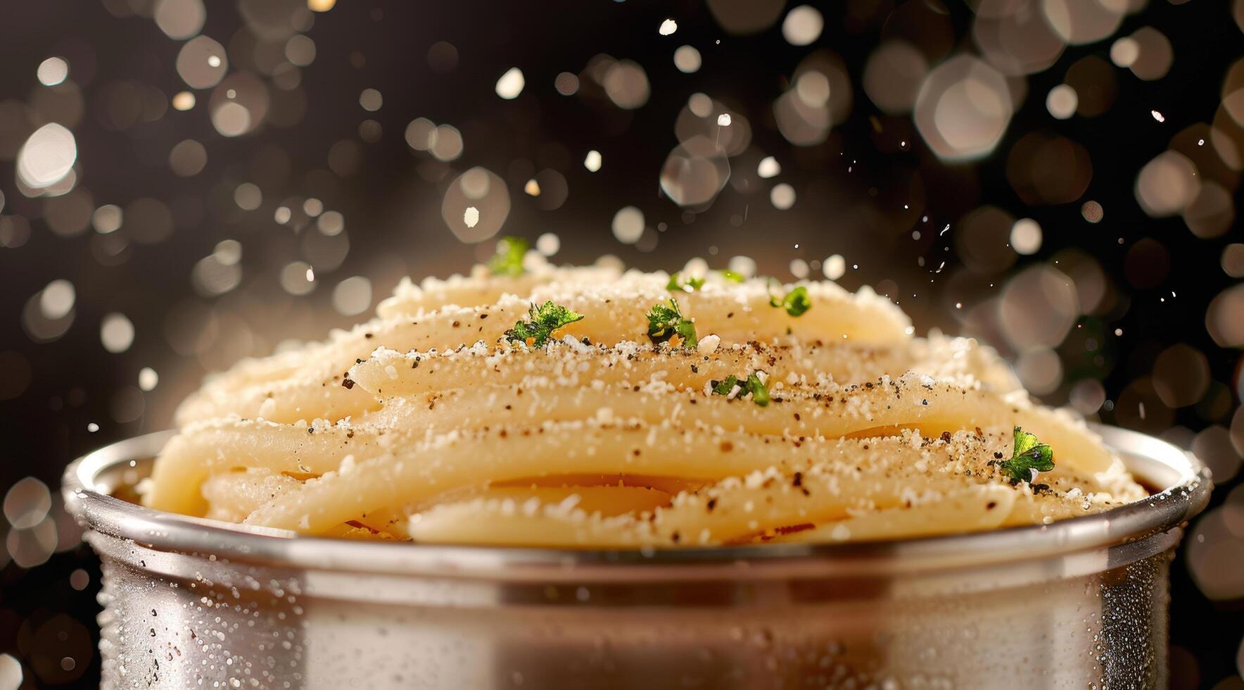 Delicious homemade pasta dish with parmesan cheese and herbs photo