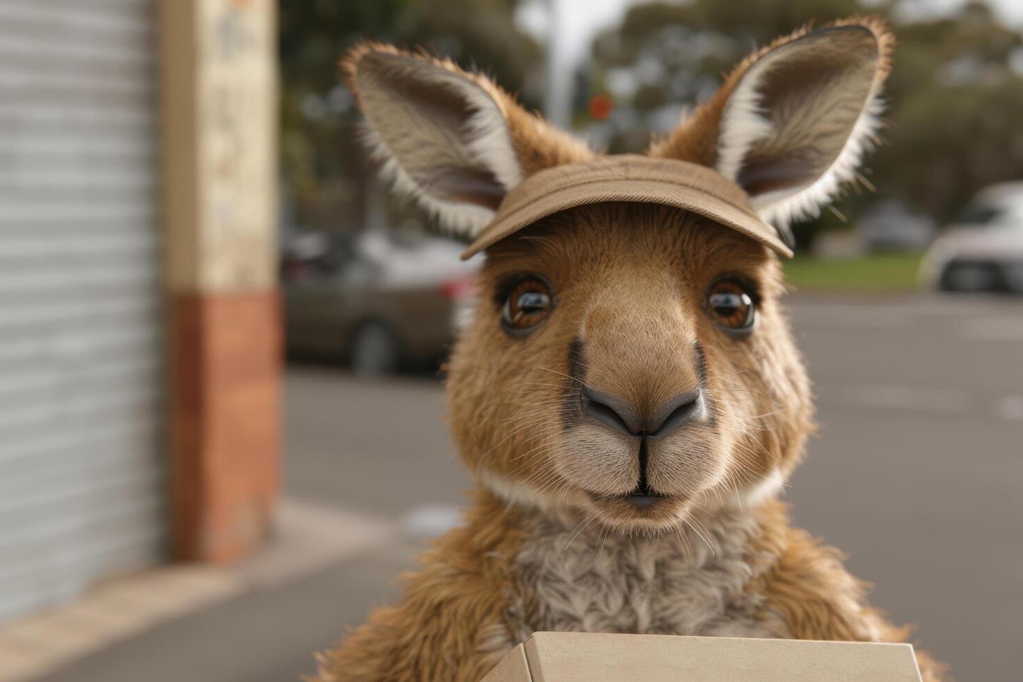 Adorable furry llama wearing a hat photo