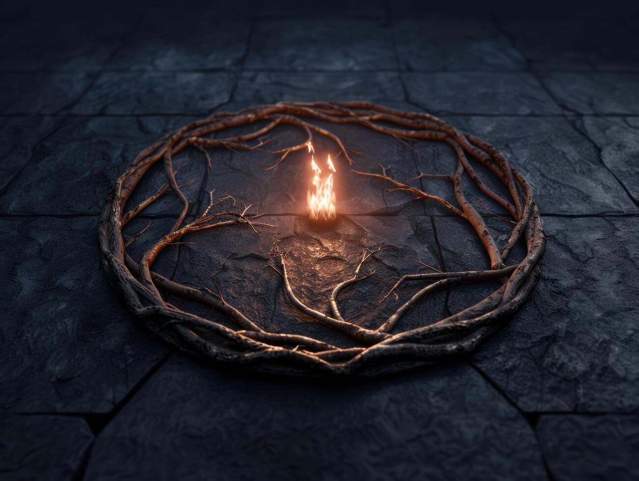 Burning fire in a twisted twig nest photo