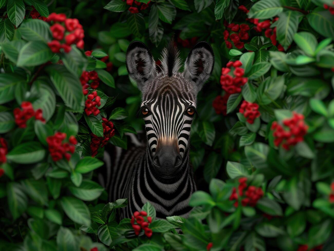 Zebra peeking through lush foliage photo
