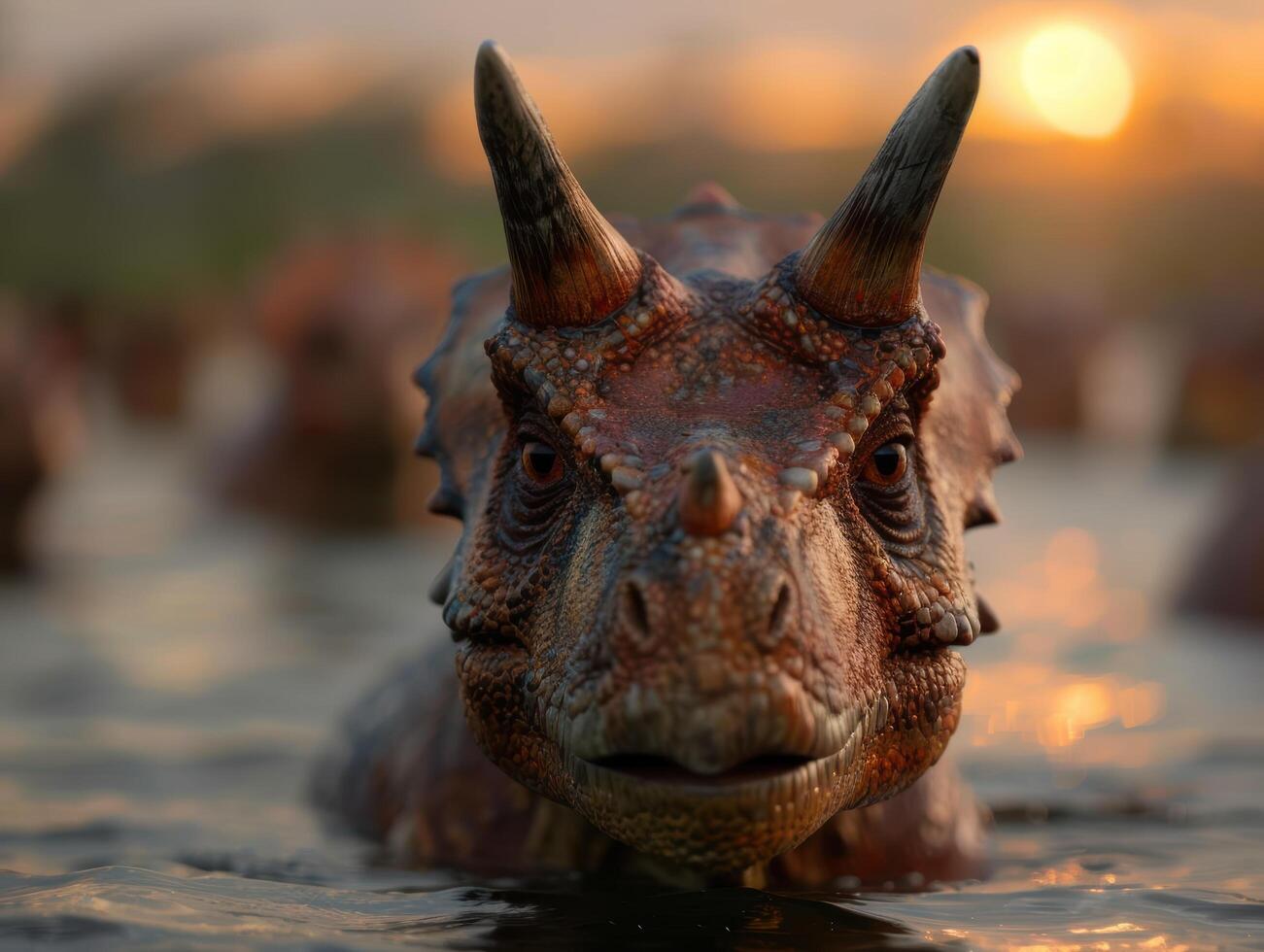 Closeup of a horned lizard swimming in water at sunset photo