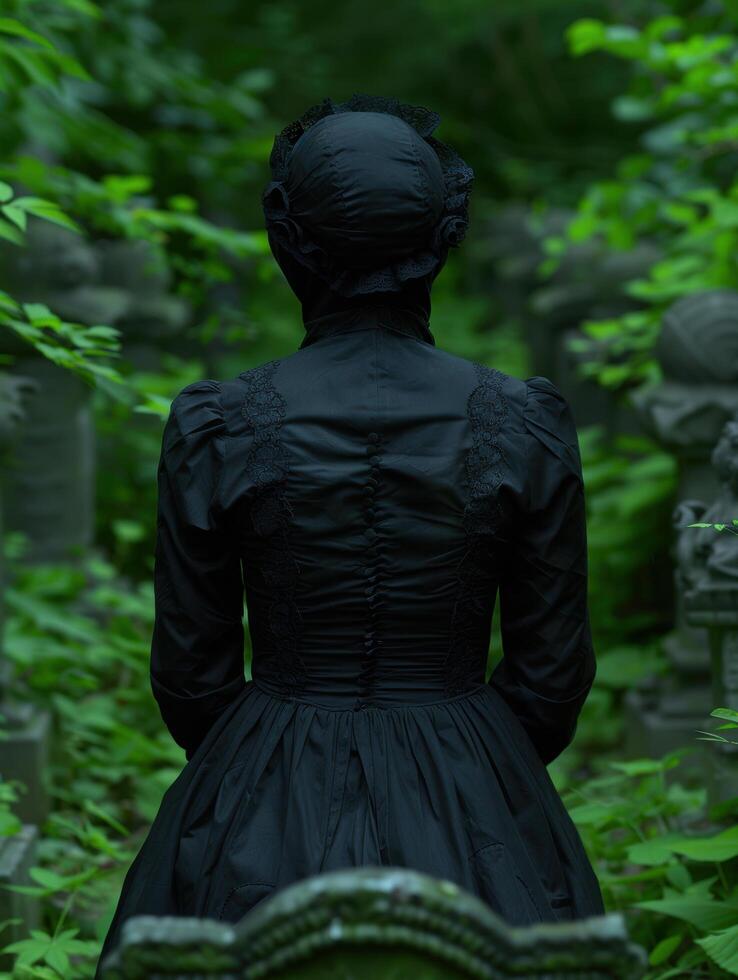 Mysterious figure in dark attire in lush forest photo