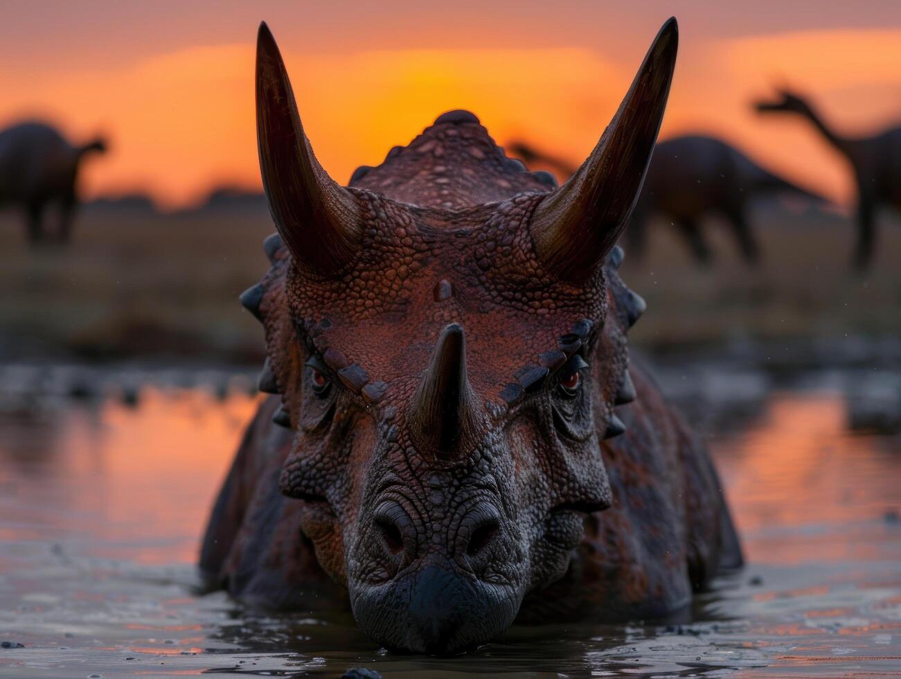 Majestic Triceratops Emerging from Sunset Pond photo