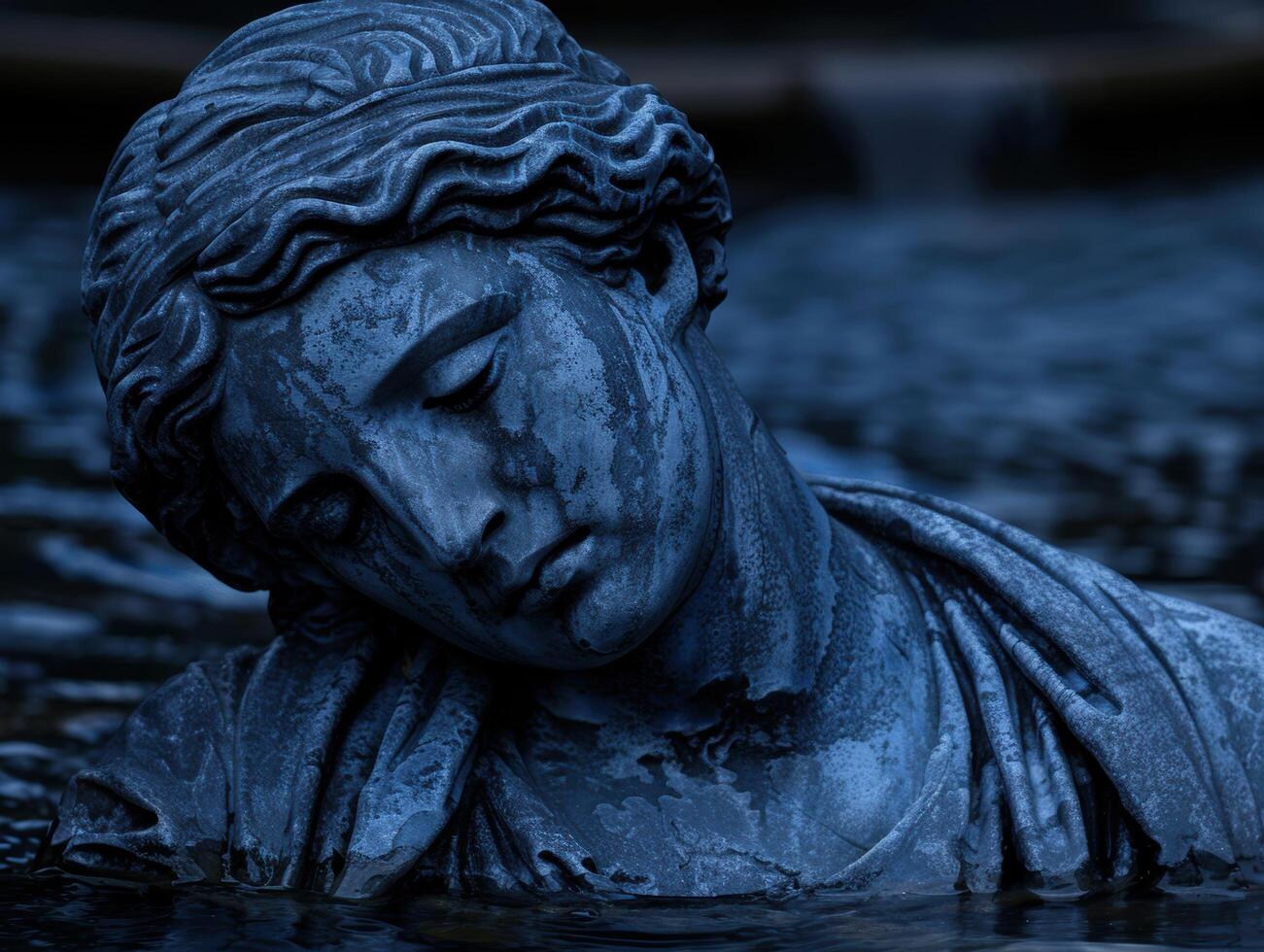 Weathered stone statue in dark, moody waters photo