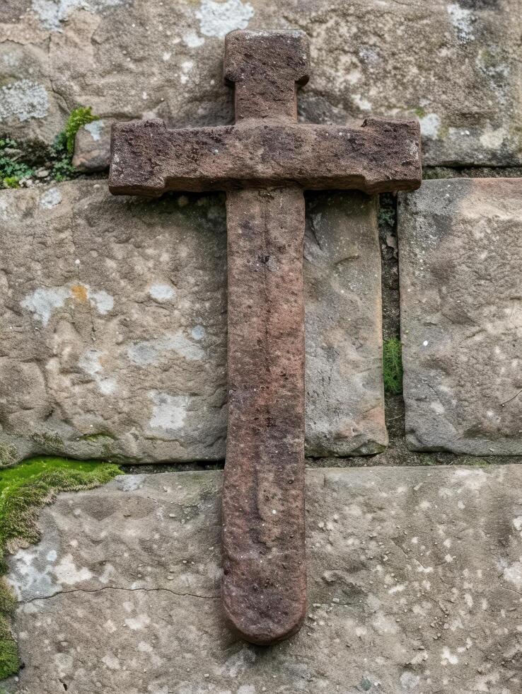 Weathered stone cross on old wall photo