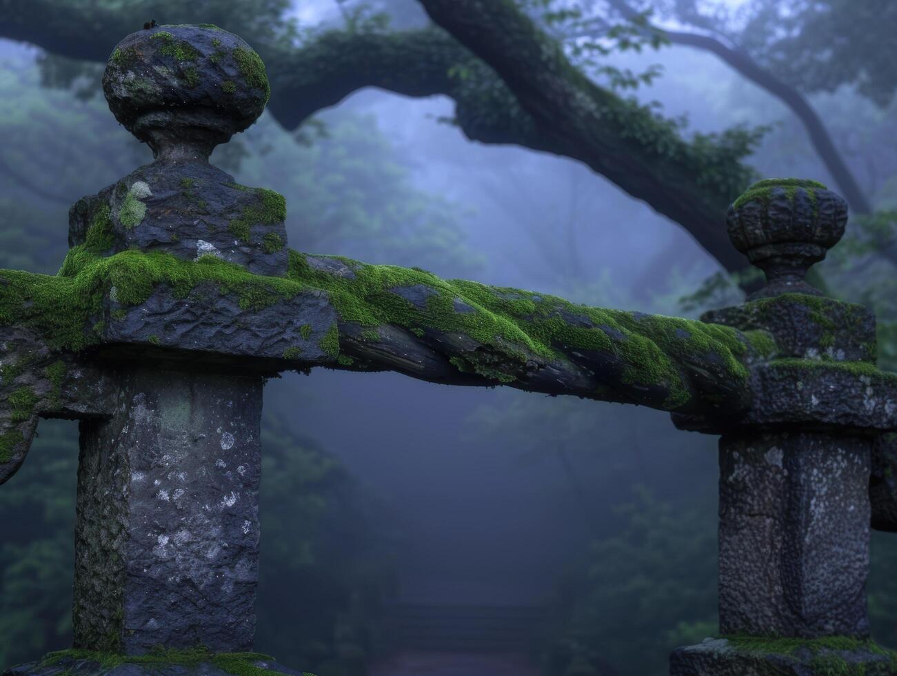 Mysterious moss covered stone archway in misty forest photo