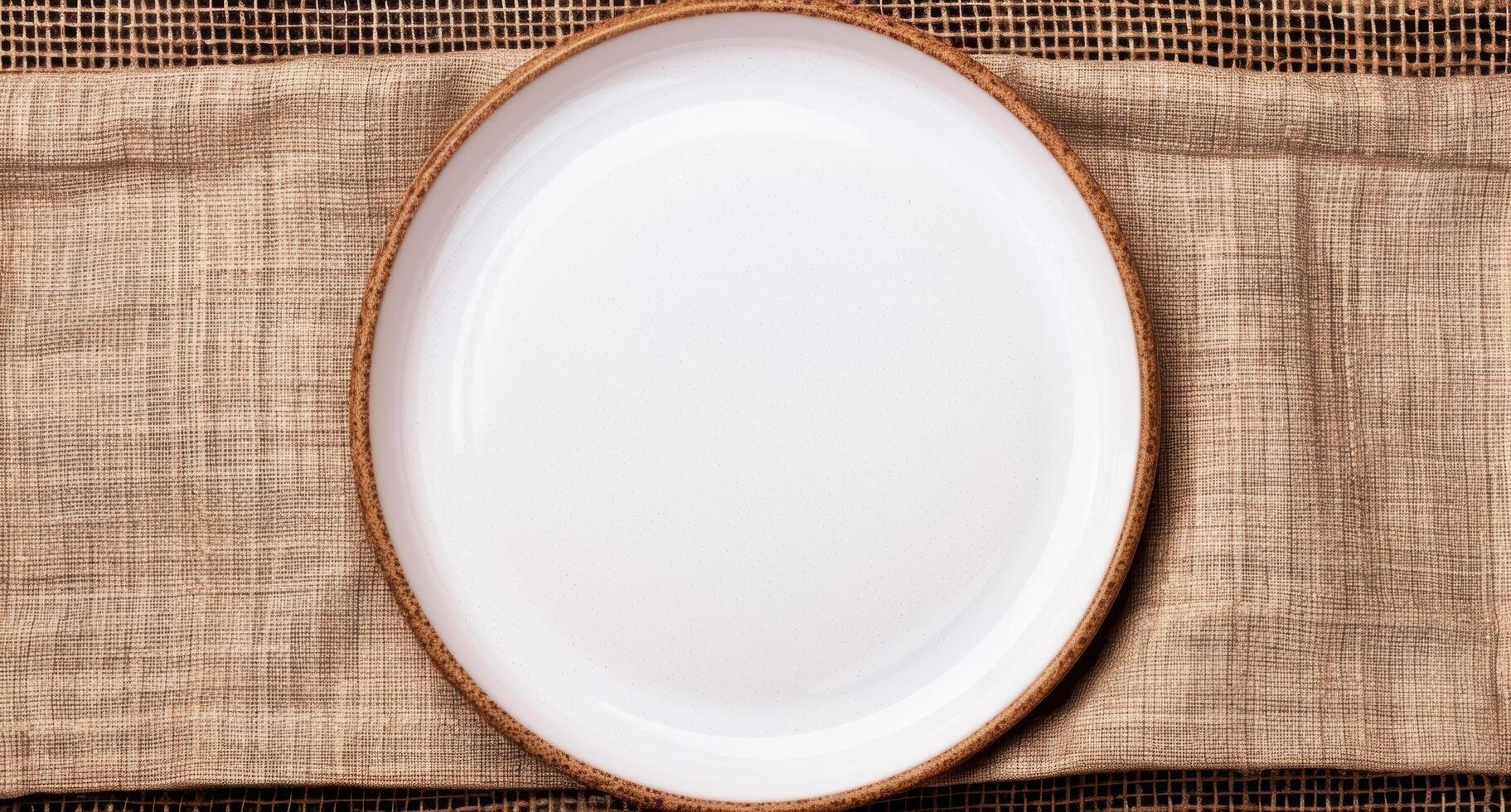 Empty white plate on a rustic burlap background photo