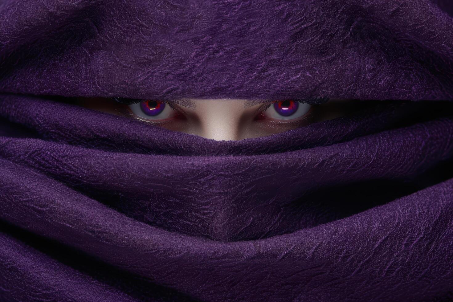 mysterious eyes peering through purple fabric photo