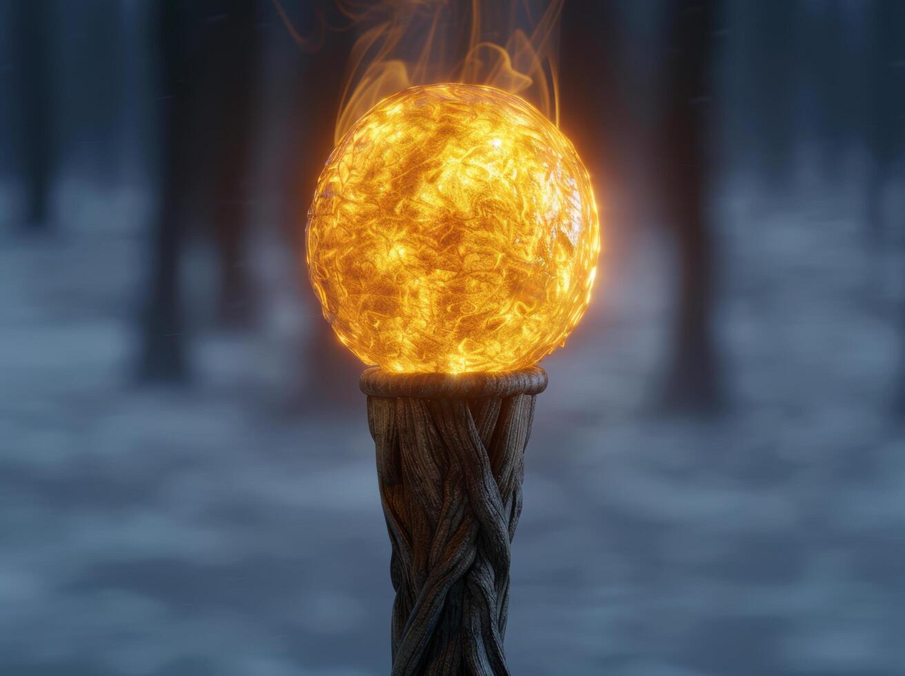 Glowing golden sphere on a wooden post photo