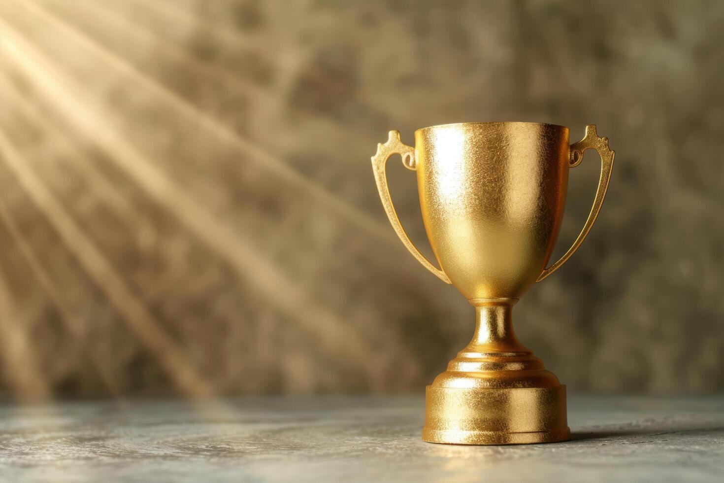 golden trophy award on wooden table photo
